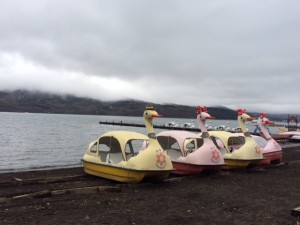 閑散とした山中湖とスワンボート